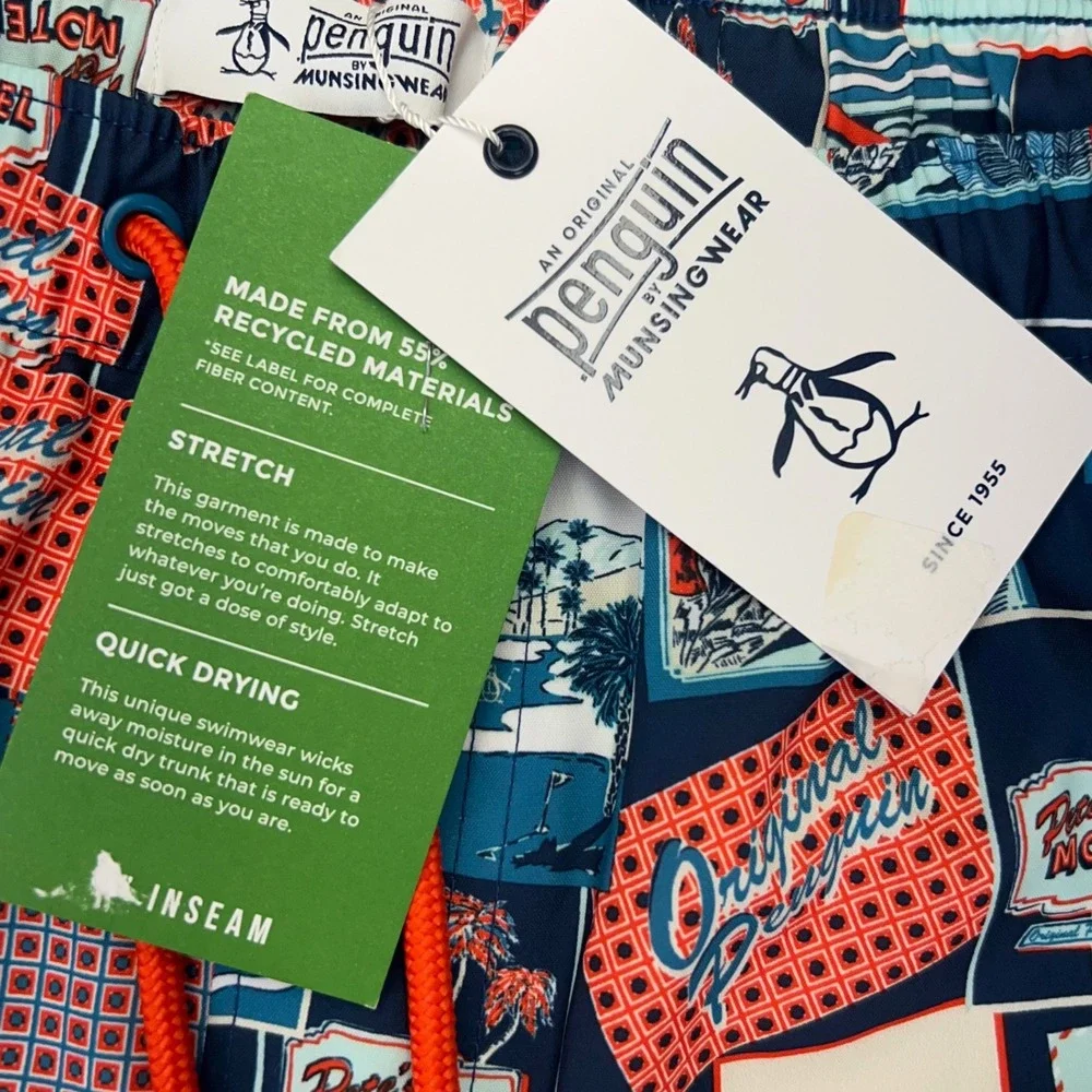 ORIGINAL PENGUIN Men's XL Swim Trunks Postcard Motel Print Blue Beach Shorts NWT